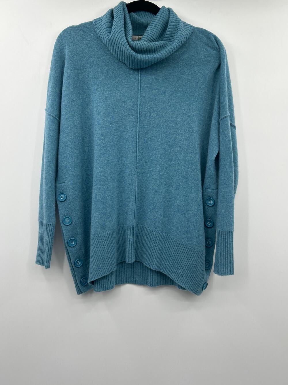 Max Studio 2 Ply Cashmere Sweater XS Blue Cowl Neck Button Hem Soft Luxury